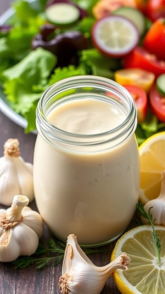 A jar of zesty garlic dressing with garlic cloves and lemon wedges, beside a fresh salad.